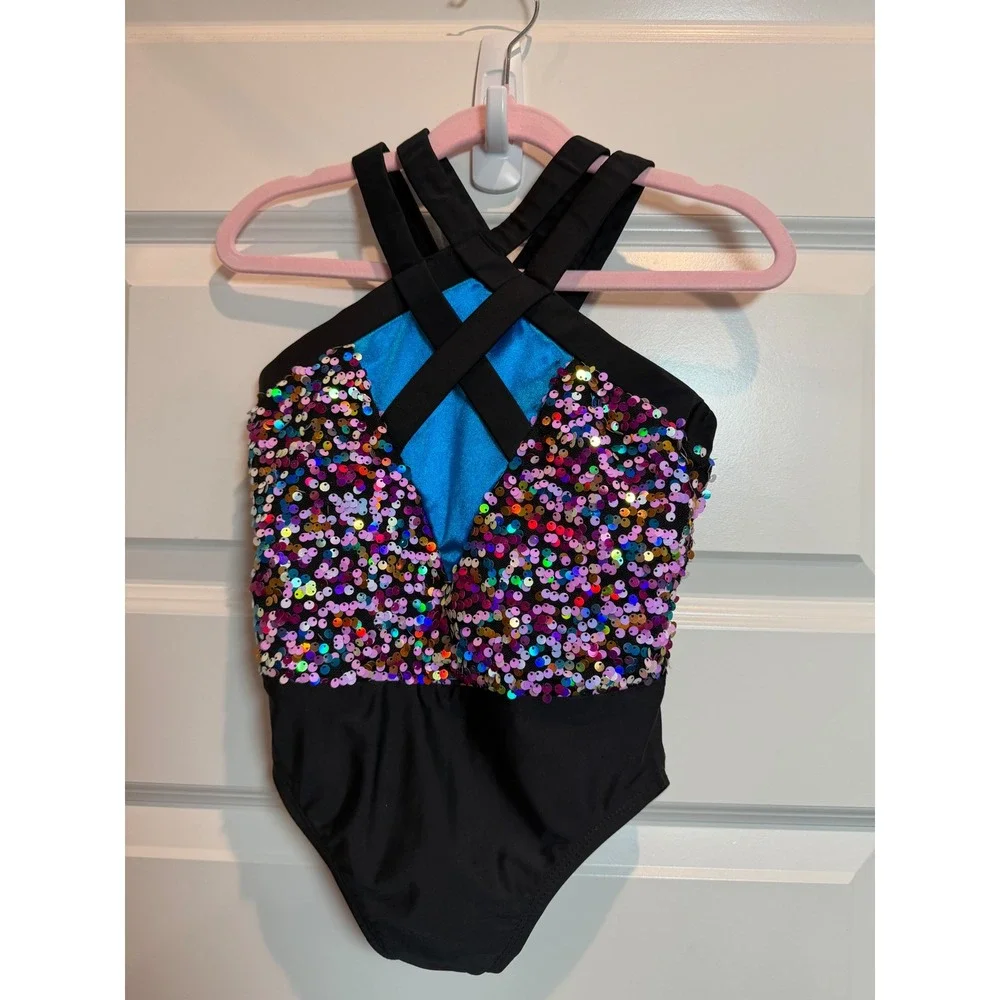 Revolution Dancewear Kids MC Sequin Halter Leotard Black Multi Blue RC25851